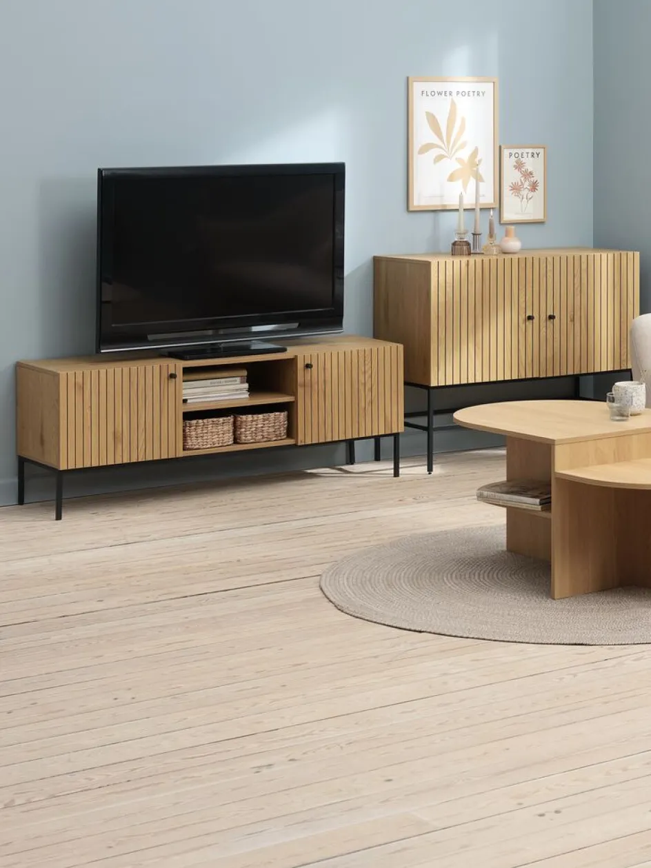 HEMDRUPMeuble TV HEMDRUP 2 portes coloris chêne chaud/noir-JYSK